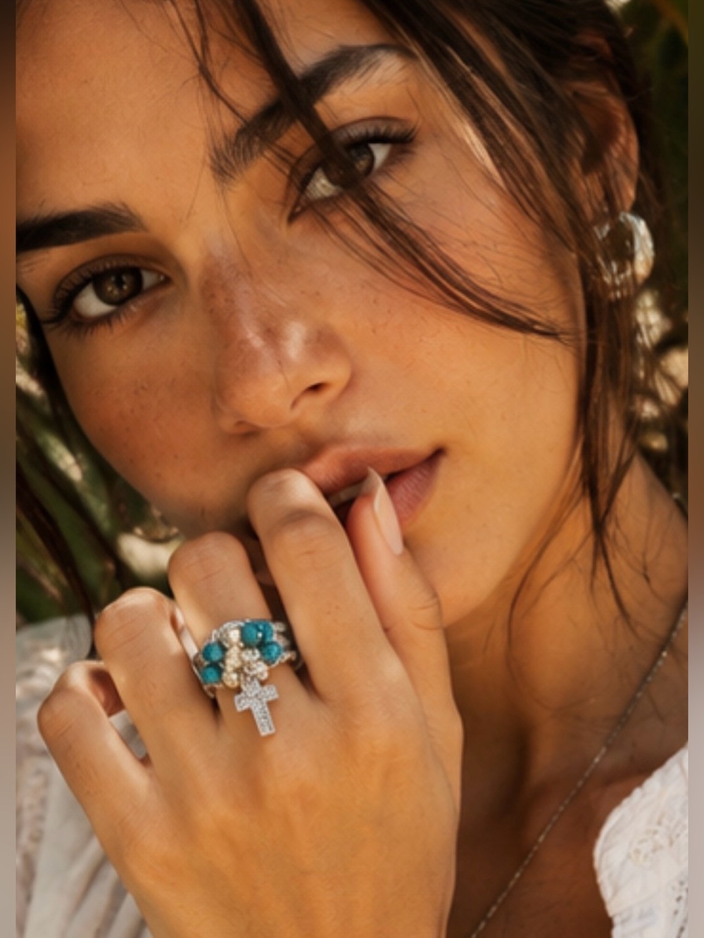 Boho Rhodium-Plated Stretch Statement Ring | Turquoise, Pearls & Cross Charm